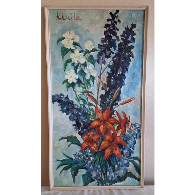 Klaila, Floral Still Life with Delphiniums, Lilies and Mallow, 1970s, Oil Painting on Chipboard, Framed, in Very Good...