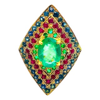 Bochic "Orient" Natural Emerald, Ruby & Sapphire Ring Set In 18K Gold &Silver For Sale