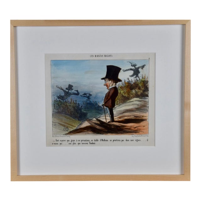 Daumier Colored Lithographic Satire of a Man Concerned for His Vineyard and Wine, 1853 For Sale
