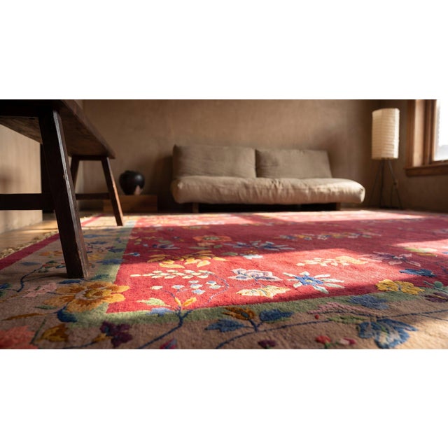 1920s Ruby Red Floral Vase Antique Chinese Art Deco Carpet 9' X 11'9" Knotted Wool Rug For Sale - Image 15 of 15