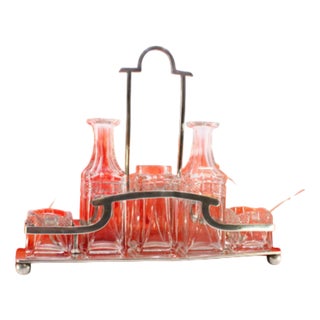 Liqueur Decanter with Silver Structure and Cut Glass Cruets and Dinnerware Accessories, Set of 7 For Sale