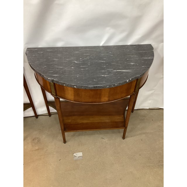 Pair of Louis XVI Style Marble Top Mahogany Brass Mounted Demi-Lune Consoles For Sale - Image 9 of 11