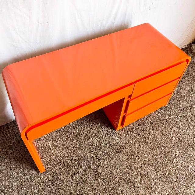 Postmodern Tangerine Orange Lacquer Laminate Waterfall Desk For Sale - Image 4 of 10