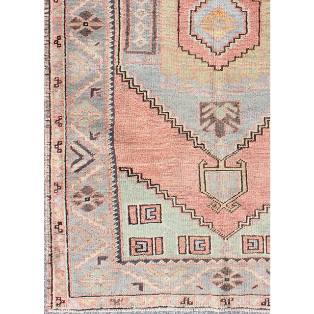Tribal Vintage Turkish Oushak Medallion Rug in Salmon, Light Green, Gray & Light Blue For Sale - Image 3 of 7