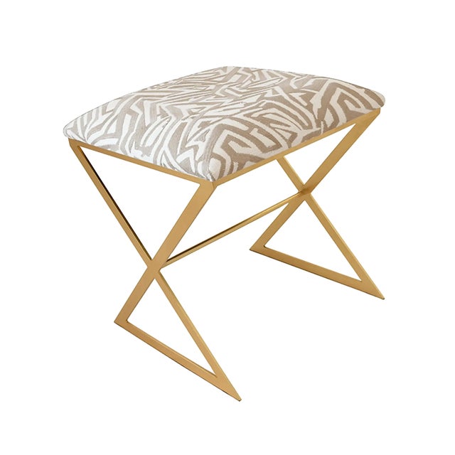 Contemporary Matthew Izzo Home X Side Stool in Beige Geometric Upholstery and Gold Leaf Base For Sale - Image 3 of 4