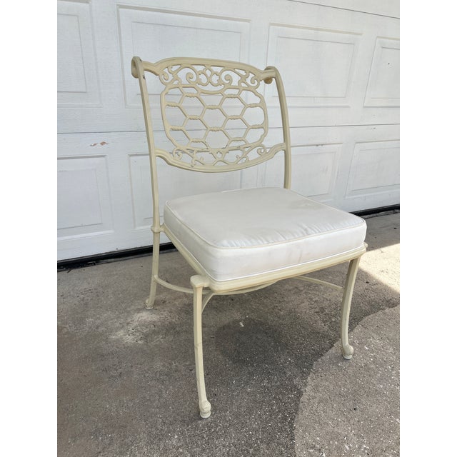 Metal 1960s Set of 6 Hollywood Regency Era Aluminum Cast Chairs For Sale - Image 7 of 17