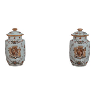 Pair of Amarial Chinese Porcelain Vessel Jars W. Lids For Sale