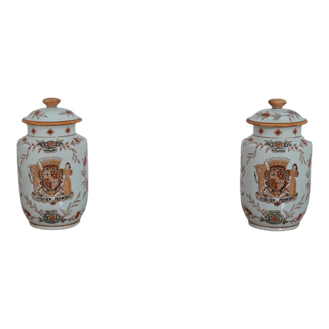 Pair of Amarial Chinese Porcelain Vessel Jars W. Lids For Sale