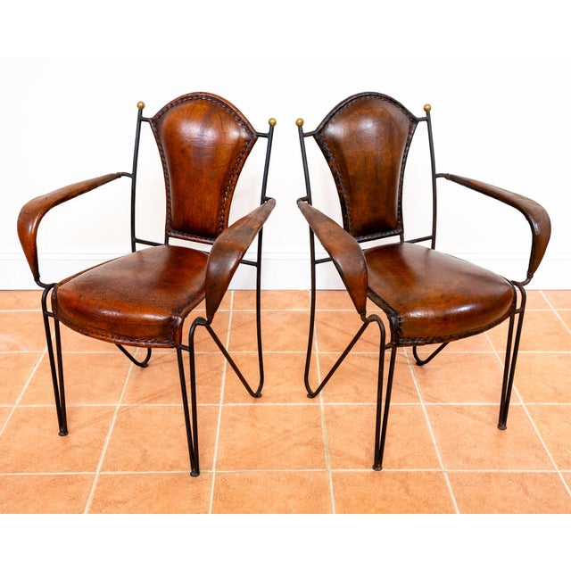 Black Mid-Century Bauhaus Modern Sculptural Leather Armchairs in Iron and Brass from Jacques Adnet, 1950s, Set of 2 For Sale - Image 8 of 18