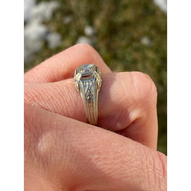 Silver The Alec: Men's Antique 18K White Gold Ring set with Diamond For Sale - Image 8 of 9