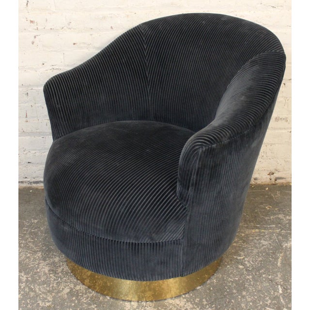 Mid-Century Modern Blue Corduroy Barrel Swivel Chair and Ottoman For Sale - Image 13 of 13