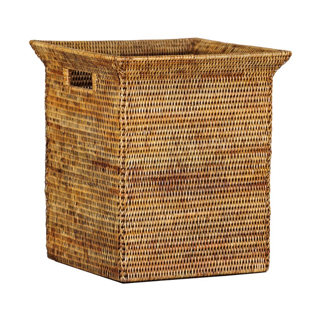 Country Style Square Handwoven Rattan Basket with Flared Rim and Side Handles For Sale - Image 9 of 18