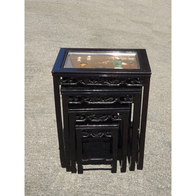 Vintage Oriental Asian Black Nesting Tables W Decorative Table Tops ~ Set of Four For Sale - Image 12 of 13