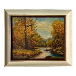 1950's Vintage A. Klosner Impressionist Autumn River Landscape Oil Painting, Framed