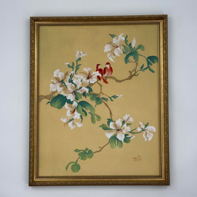 Pair of original paintings forming a two-panel diptych, with white hibiscus blossoms, vivid red birds, and branching...