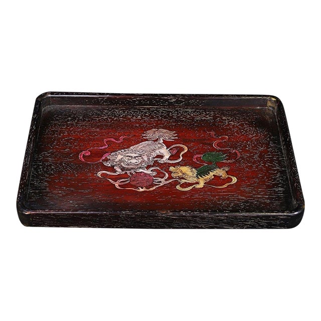 Rosewood Tray Inlaid With Mother-of-Pearl Lion Motif For Sale