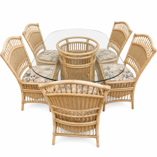 Coastal Vintage Rattan Wicker Dining Set Oval Beveled Glass Table 6 Chairs Coastal Boho For Sale - Image 3 of 9