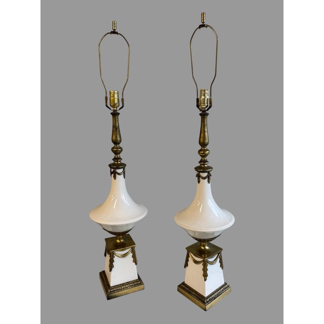 Mid 20th Century Vintage White Milk Glass & Brass Neoclassical Table Lamps Hollywood Regency - a Pair For Sale - Image 5 of 8
