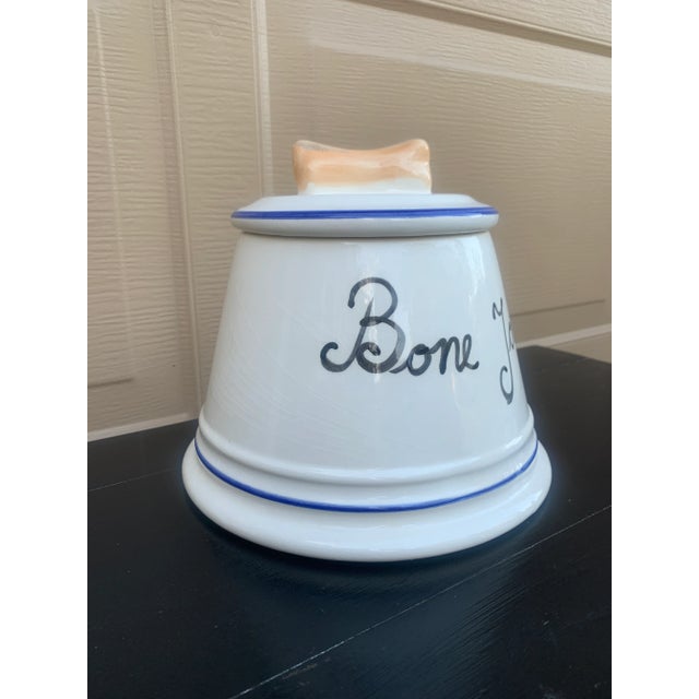 Vintage French “Bone Jour” Blue and White Porcelain Dog Treat Jar For Sale - Image 4 of 12