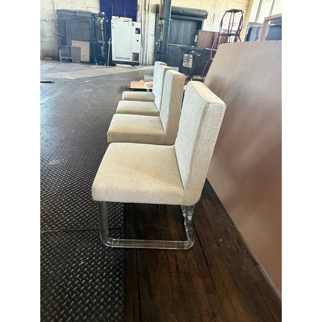Contemporary Mid‑Century Lucite Base Dining Chairs – Set of 4 Modern Upholstered Cantilever Chairs For Sale - Image 3 of 9