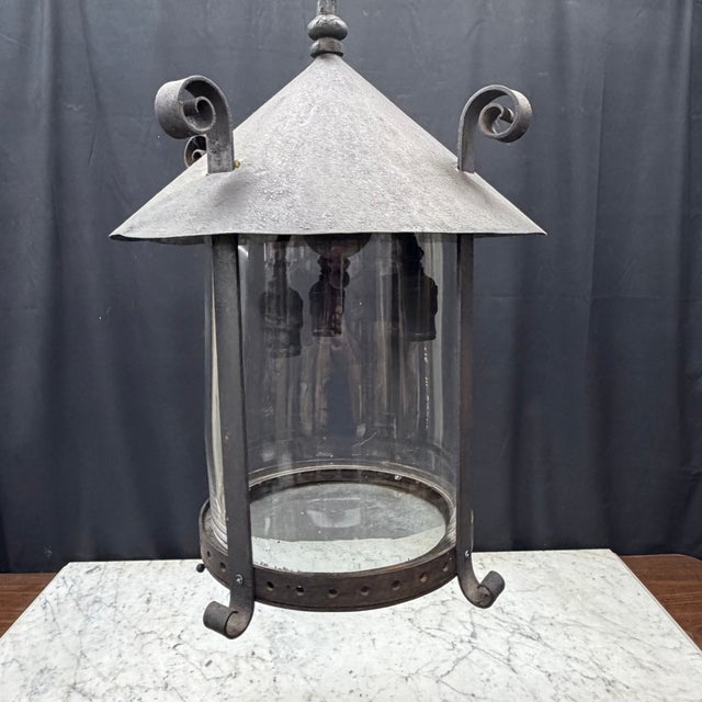 Victorian Antique Cast Iron Gas Lantern Pendant Light, Converted Gas Ceiling Fixture With Glass Shade For Sale - Image 3 of 8