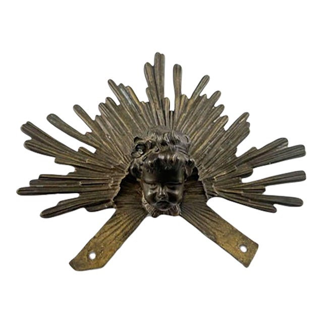 19th Century Bronze Cherub Head With Radiating Sunburst Halo, Ecclesiastical Fragment For Sale