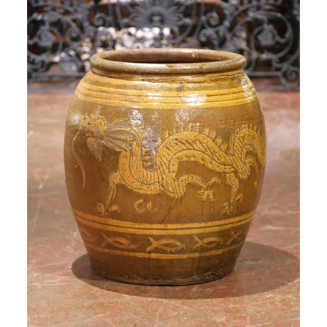 Traditional Pair of 19th Century Thai Glazed Earthenware Dragon Jars For Sale - Image 3 of 16