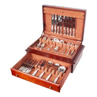 1950s Georg Jensen Acanthus Danish Sterling Silver 69 Piece Flatware Dining Set for 8 For Sale