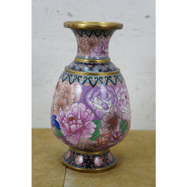 Chinese Brass Cloisonne Enamel Chrysanthemum Bud Vase on Stand 8" For Sale - Image 4 of 13
