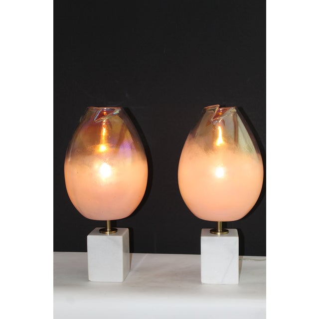Pair of Unusual Barovier and Toso influence lamps. Sculptural pieces consisting of marble. Hand blown globe. Carved...