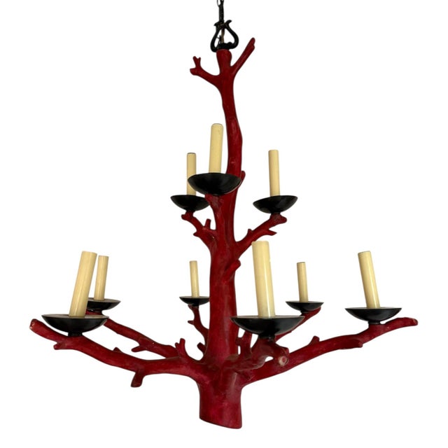 Custom faux coral chandelier with 9 lights. Resin coral body. Bronze candleholders. From a Palm Beach estate.