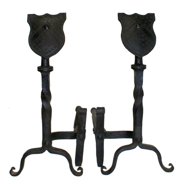 Traditional Antique Andirons With Shield Form Finials - A Pair For Sale - Image 3 of 3
