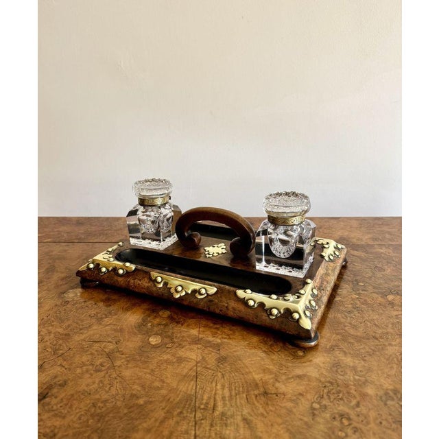 Fantastic quality antique Victorian burr walnut brass mounted double sided desk set, having a quality antique Victorian...
