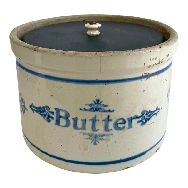 Late 19th Century Antique Stoneware Butter Crock With Lid For Sale