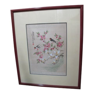 Chinese Cherry Flower Blossoms & 2 Birds on Branches Framed Painting on Cloth For Sale