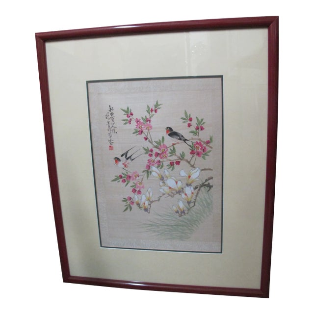 Chinese Cherry Flower Blossoms & 2 Birds on Branches Framed Painting on Cloth For Sale