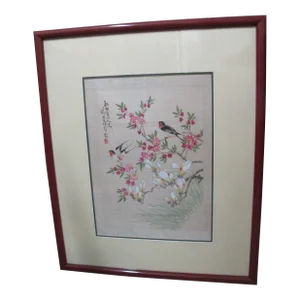 Chinese Cherry Flower Blossoms & 2 Birds on Branches Framed Painting on Cloth