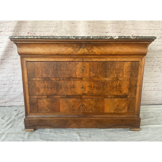 Louis Philippe Book Matched Burl Walnut Chest With Marble Top For Sale - Image 14 of 15