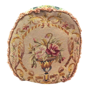Antique Round Floral Needlepoint & Silk Pillow