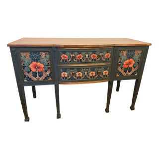 Vintage Mahogany Painted Credenza Featuring "Poppies" For Sale