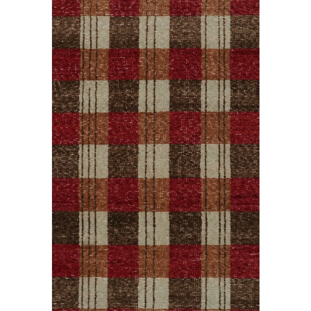 Modern Rug & Kilim’s Distressed Swedish Style Rug in Red and Brown Geometric Pattern For Sale - Image 3 of 7