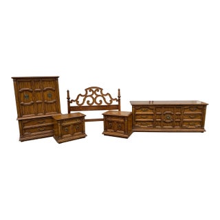 1970s Thomasville Mediterranean Brutalist Oak 5-Piece Bedroom Suite For Sale