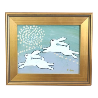Folk Art Hopping Bunnies Rabbits Hares Oil Painting Including the Antiqued Gold Wood Frame For Sale