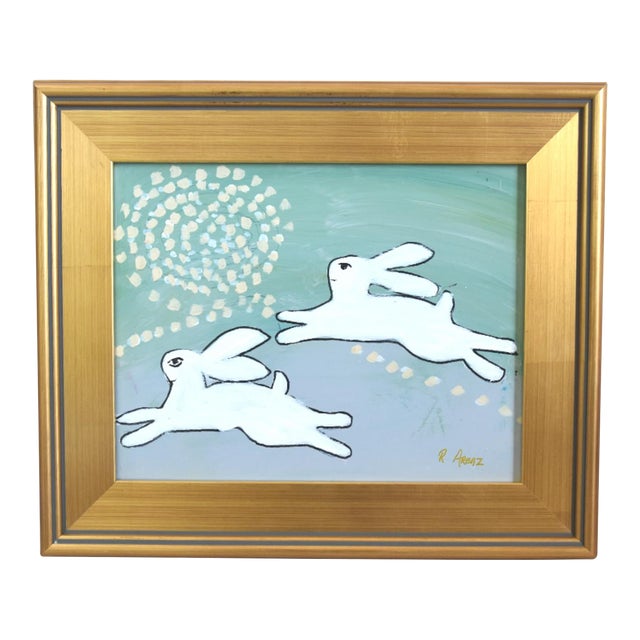 Folk Art Hopping Bunnies Rabbits Hares Oil Painting Including the Antiqued Gold Wood Frame For Sale