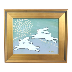Folk Art Hopping Bunnies Rabbits Hares Oil Painting Including the Antiqued Gold Wood Frame