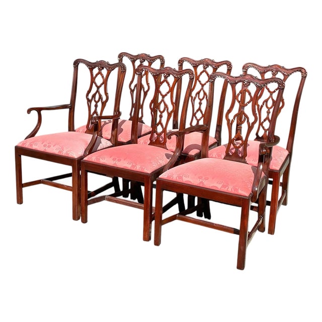 Set of Late 20th Century Six Mahogany Henkel Harris Dining Chairs With Pink Floral Damask Seats For Sale