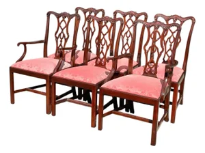 Set of Late 20th Century Six Mahogany Henkel Harris Dining Chairs With Pink Floral Damask Seats