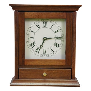 Vintage Mission Arts & Crafts Oak Table Top Quartz Mantel Clock Drawer Bat Op For Sale