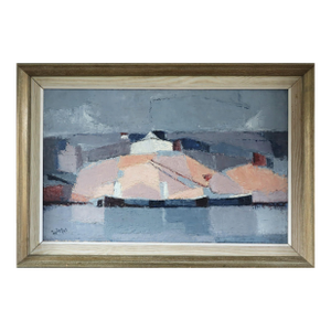 1957 Mid-Century Modern 'Village Across the Water' Vintage Abstract Coastal Landscape Oil Painting, Framed