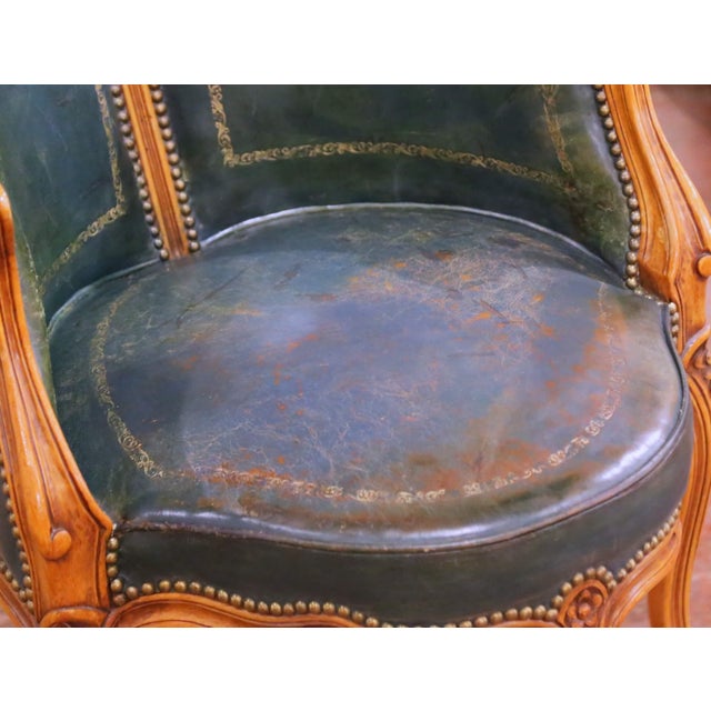 19th Century French Louis XV Walnut Desk Armchair With Green Tooled Leather For Sale - Image 4 of 10